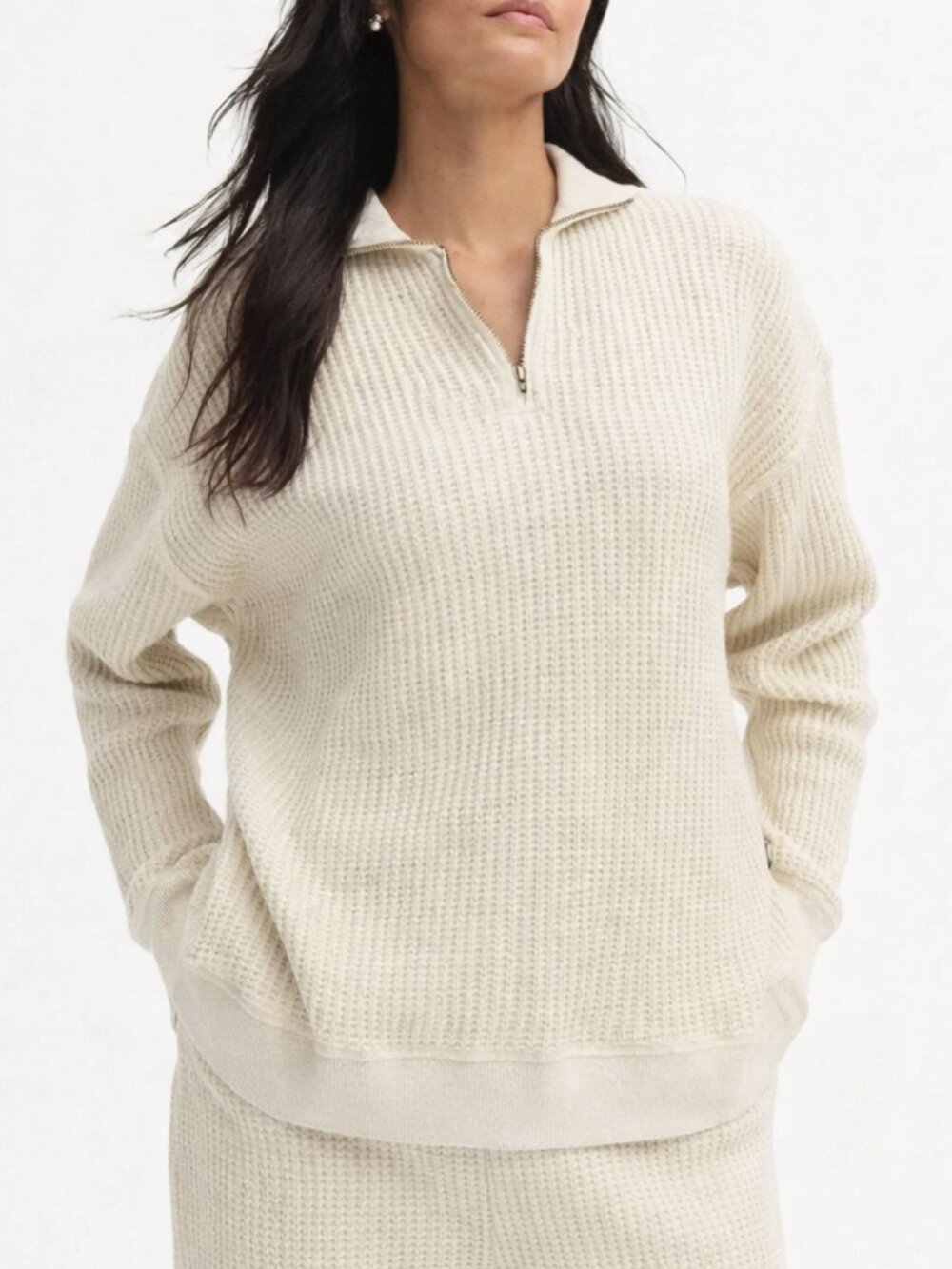 MATE The Label Organic Waffle Half Zip Sweatshirt Cream Medium